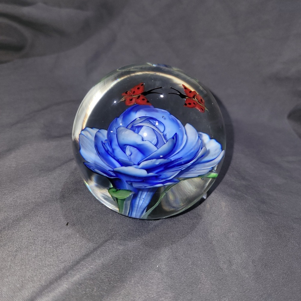 Vintage Art glass Paperweight With Blue Flower And Butterflies